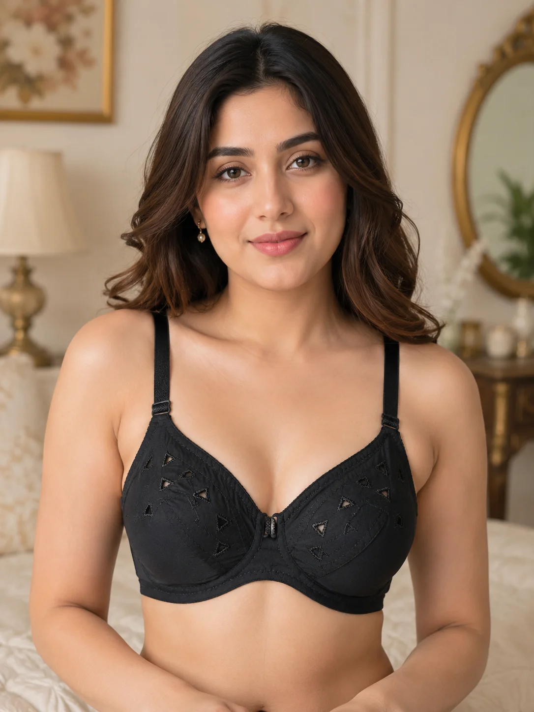 Soft Comfort Cotton Full Coverage Bra Black women wear front show