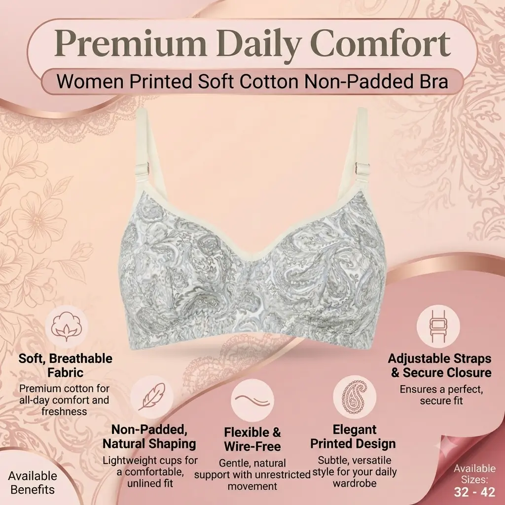 Women Printed Soft Cotton Non-Padded Bra – Premium Daily Comfort Women Benefits