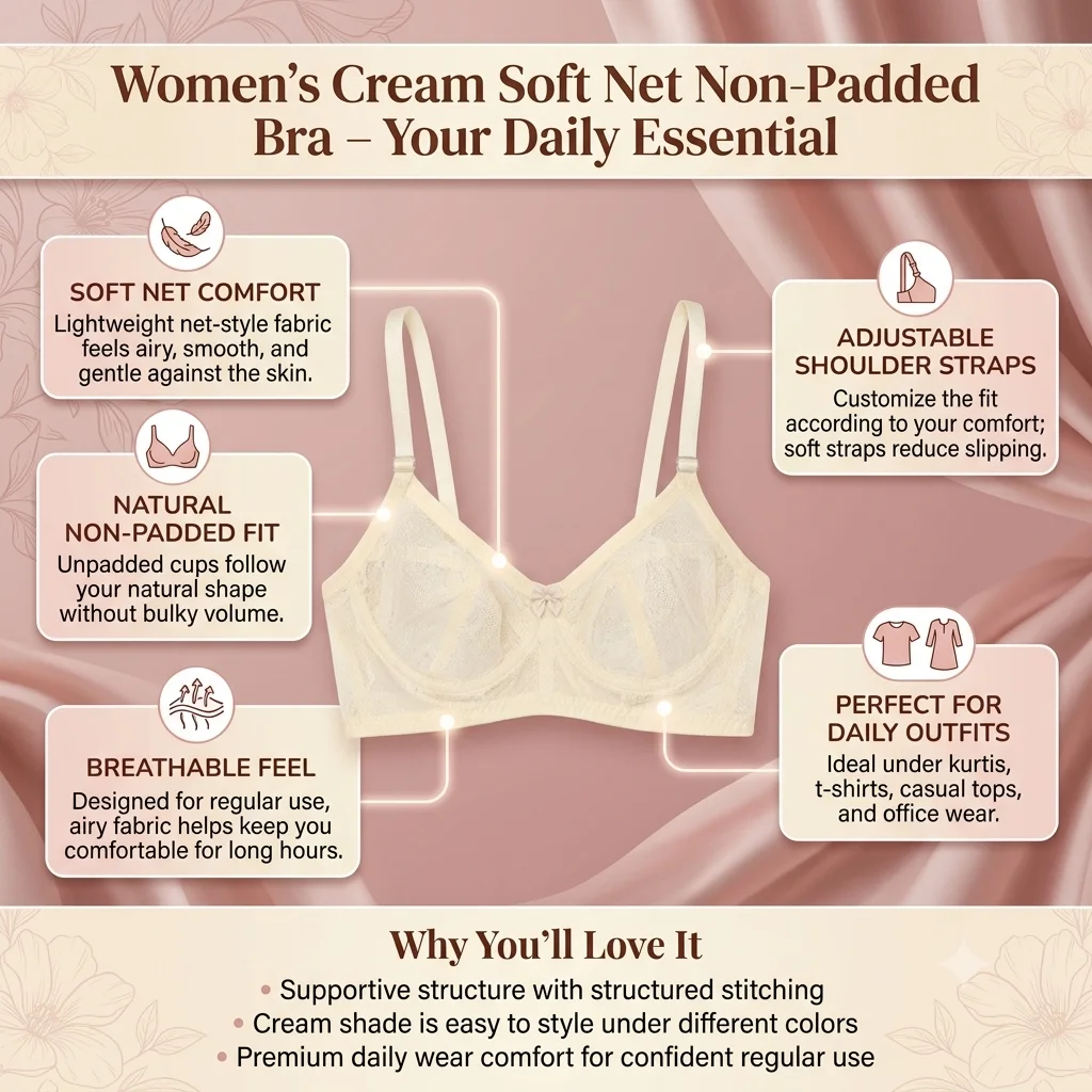 Women’s Cream Soft Net Non-Padded Bra – Premium Daily Wear Comfort Bra main product benefits