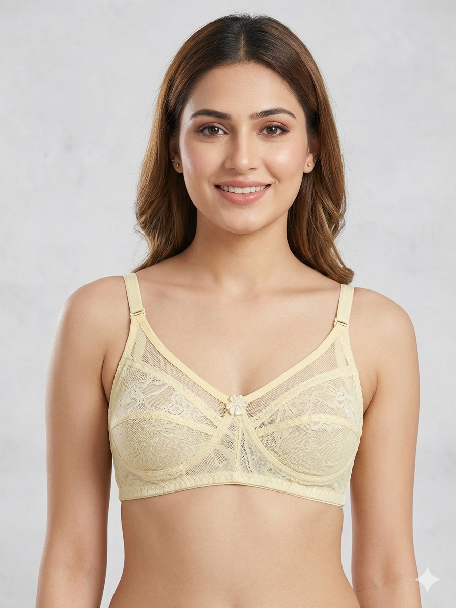 Women’s Cream Soft Net Non-Padded Bra – Premium Daily Wear Comfort Bra main product woman wear front