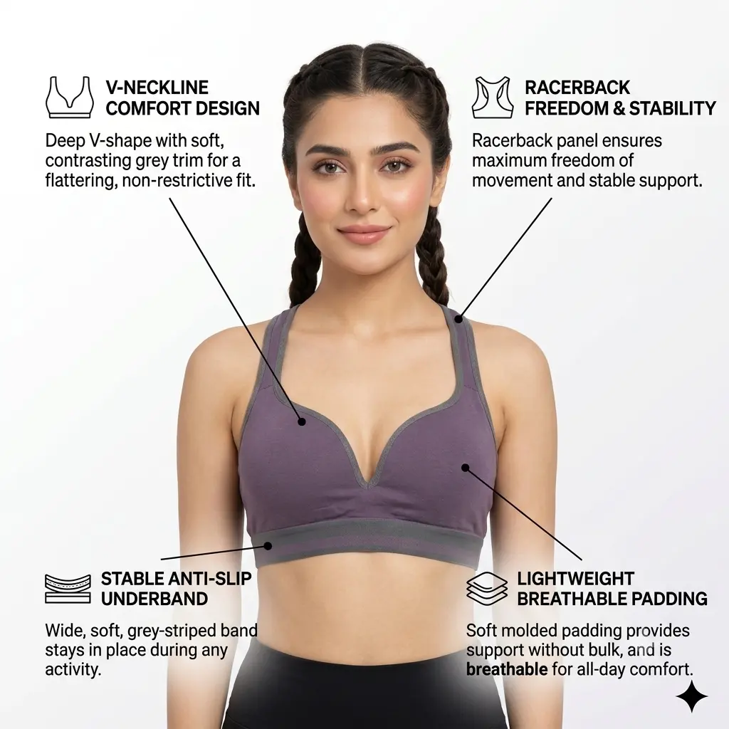 Women’s Everyday Comfort Wireless Bra – Seamless Non-Padded Fit - Smoky Purple Woman wear front view 2