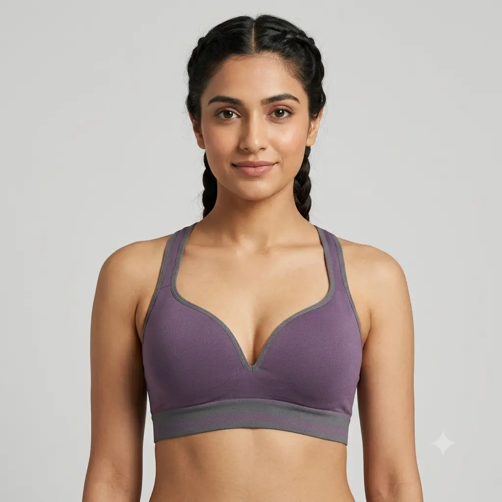 Women’s Everyday Comfort Wireless Bra – Seamless Non-Padded Fit - Smoky Purple Woman wear front view