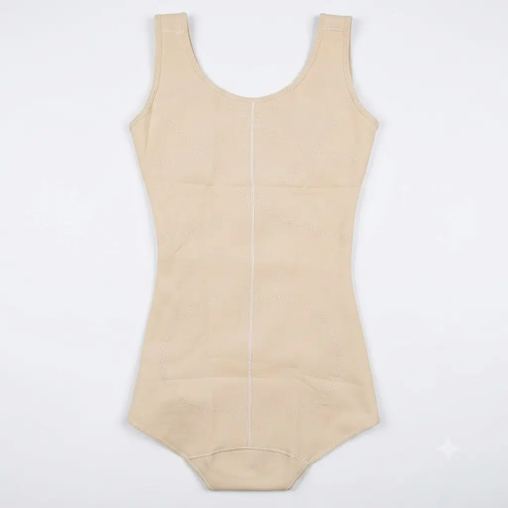 Women's Postpartum Full Body Shapewear Bodysuit with Front Hooks Tummy Control Compression Corset Skin Color Product back view show