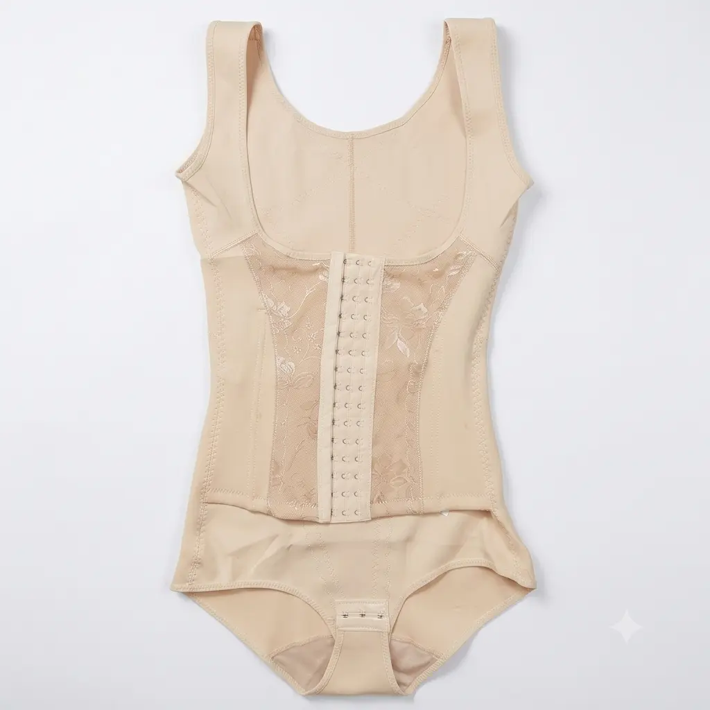 Women's Postpartum Full Body Shapewear Bodysuit with Front Hooks Tummy Control Compression Corset Skin Color Product front view show