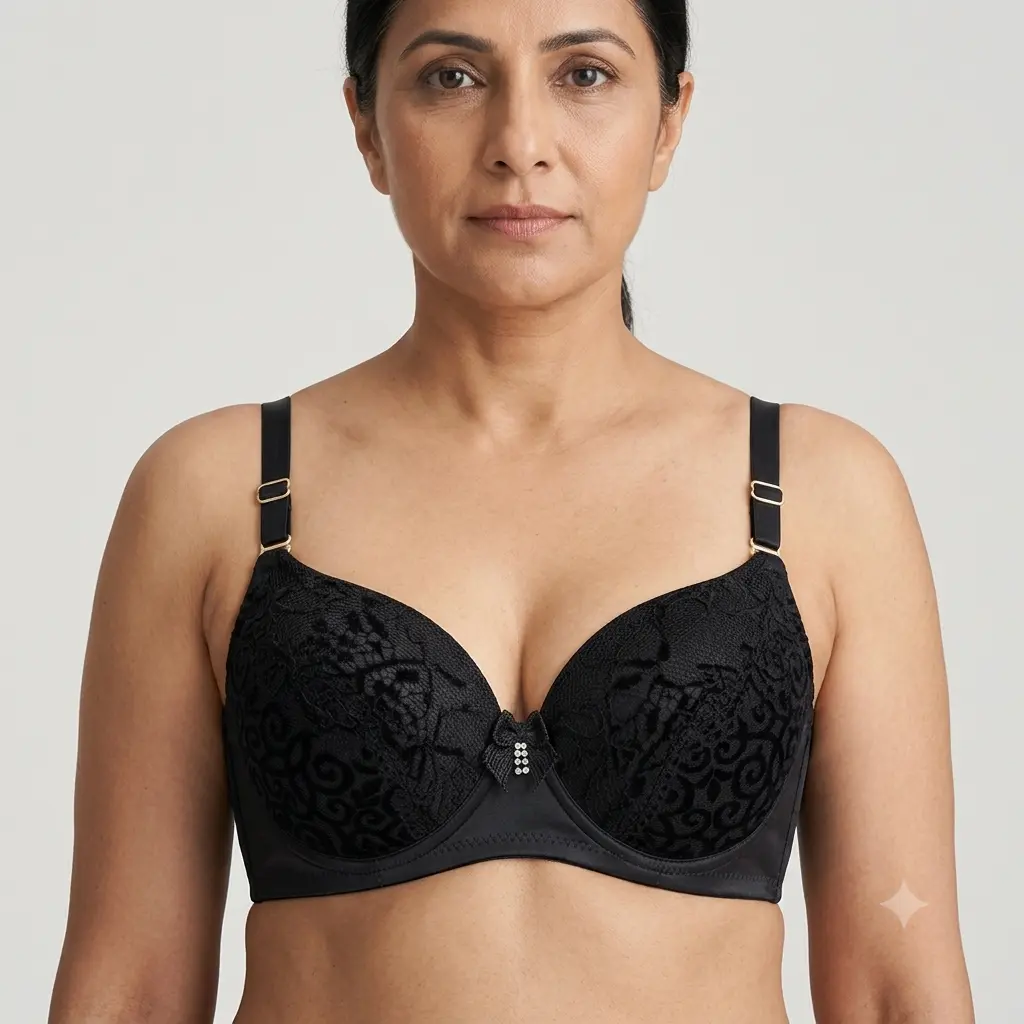 Women's Premium Black Lace Full-Coverage Padded Bra Elegant Underwired T-Shirt Bra for Everyday Comfort woman wear front view
