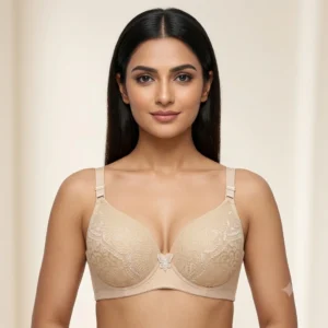 Women’s Premium Ivory Beige Lace Padded Bra | Elegant Underwired Full-Coverage T-Shirt Bra