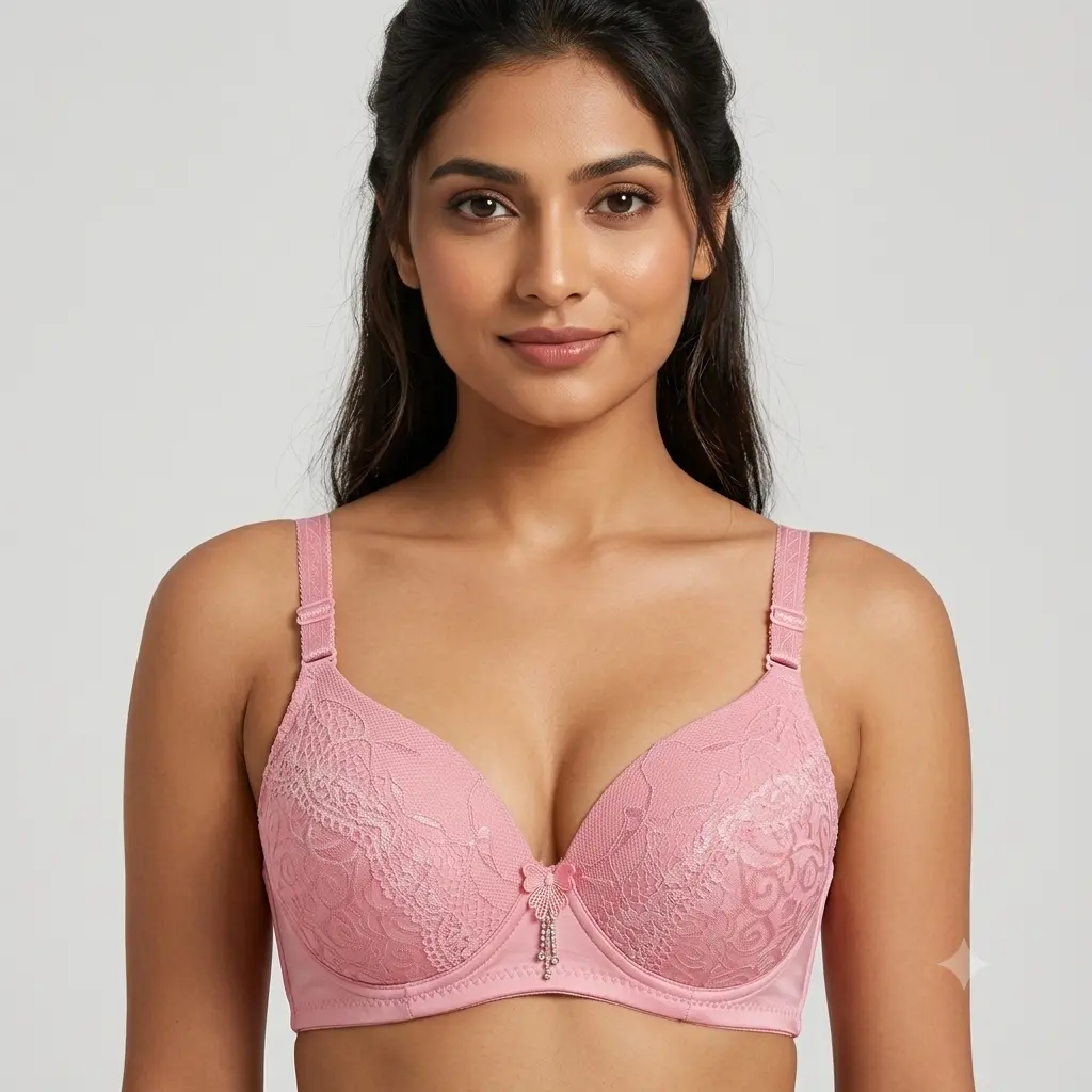 Women's Premium Pink Lace Padded Bra Elegant Underwired Full-Coverage T-Shirt Bra woman wear front show