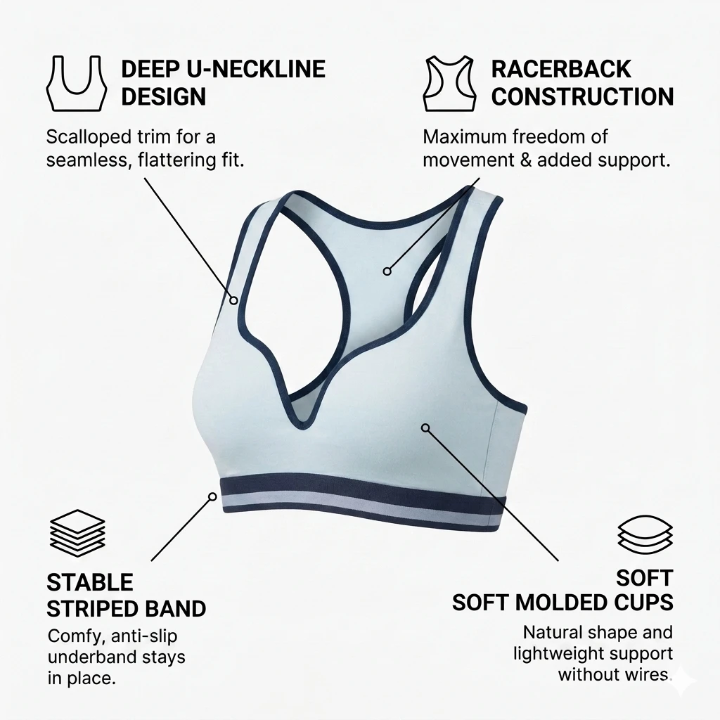 Women’s U-Neck Racerback Sports Bra – Comfortable Seamless Fit Sky Blue Product Benefits