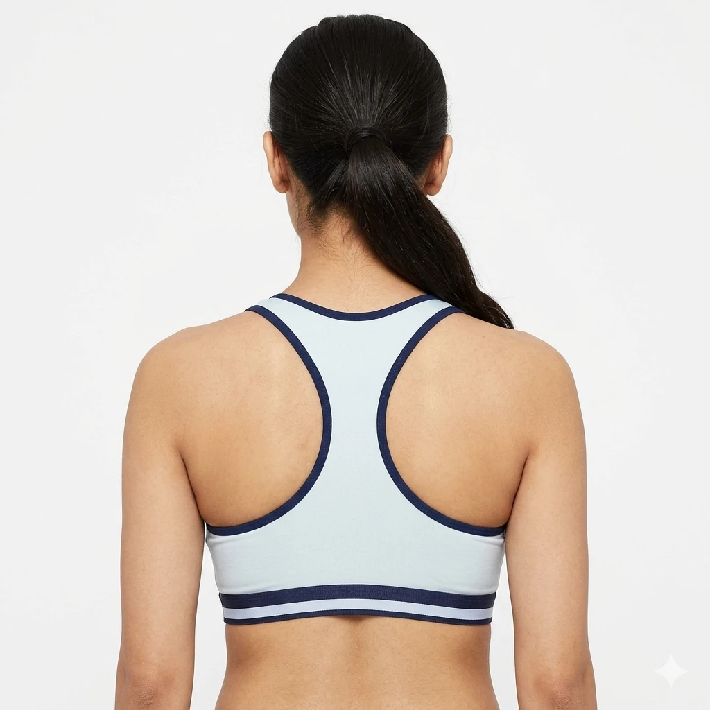 Women’s U-Neck Racerback Sports Bra – Comfortable Seamless Fit Sky Blue woman wear back view