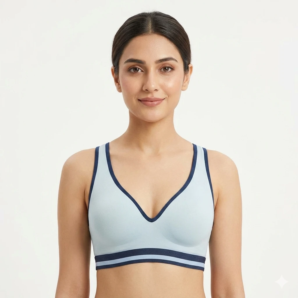 Women’s U-Neck Racerback Sports Bra – Comfortable Seamless Fit Sky Blue woman wear front view