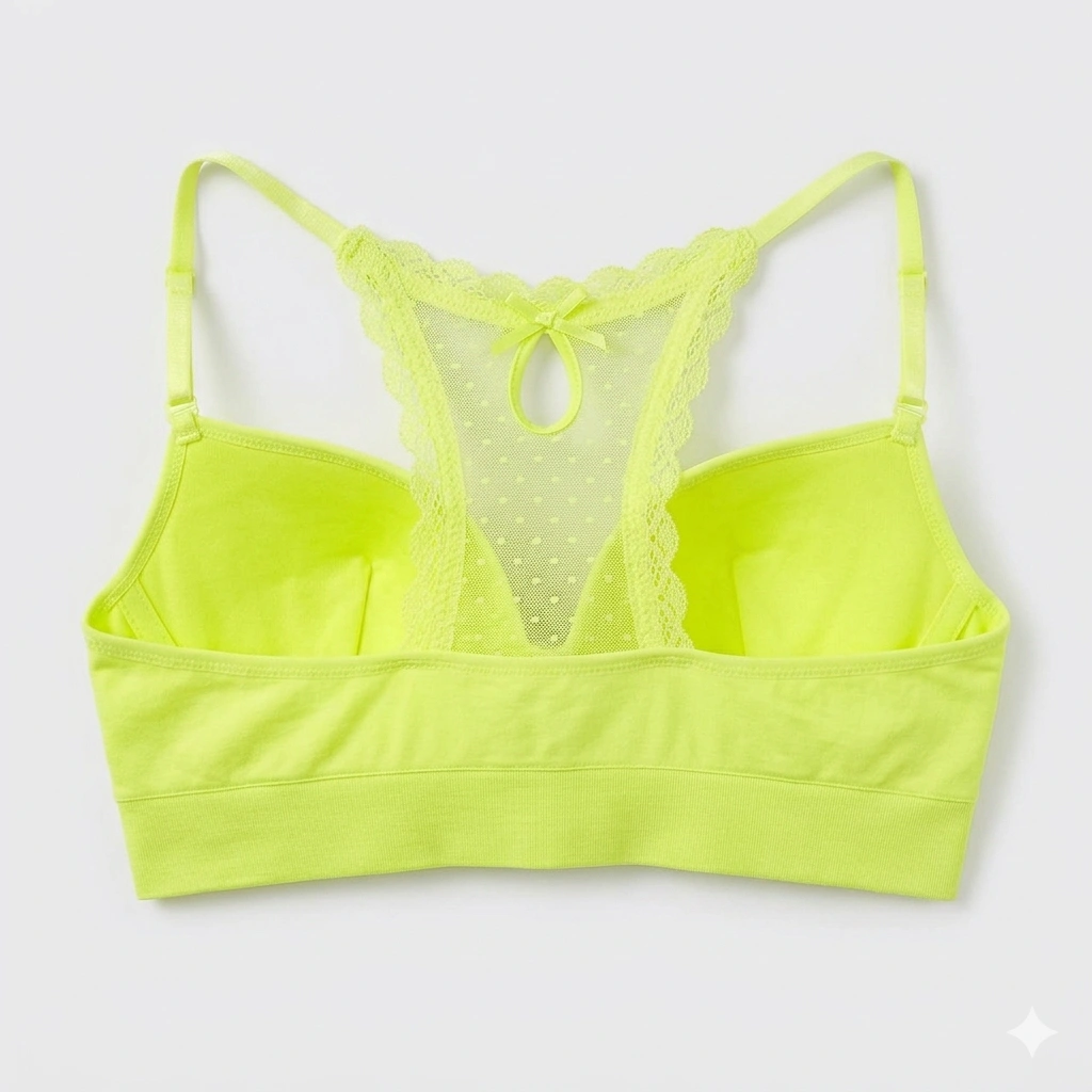 Women’s Vibrant Lime Seamless Bra – Elegant Lace Racerback with Adjustable Straps - Lime Green Product back view