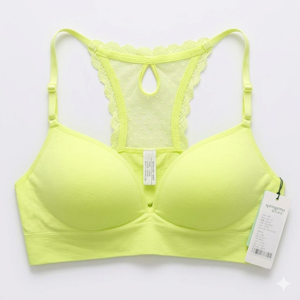 Women’s Vibrant Lime Seamless Bra – Elegant Lace Racerback with Adjustable Straps - Lime Green Product front view