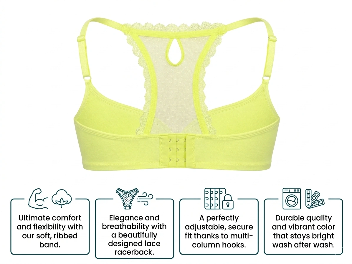 Women’s Vibrant Lime Seamless Bra – Elegant Lace Racerback with Adjustable Straps - Lime Green benefits.