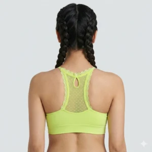 Women’s Vibrant Lime Seamless Bra – Elegant Lace Racerback with Adjustable Straps – Lime Green back view
