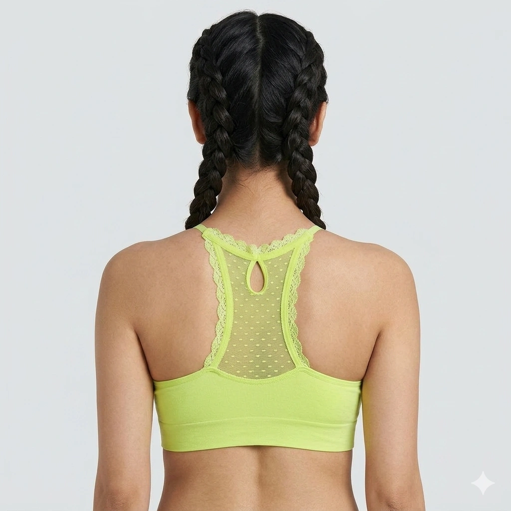 Women’s Vibrant Lime Seamless Bra – Elegant Lace Racerback with Adjustable Straps - Lime Green women wear back