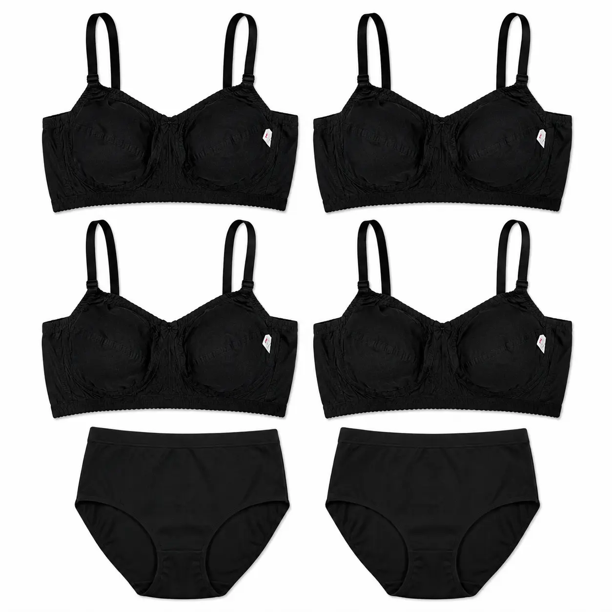 Pack of 6 Women's 4 Black Wire-Free Non-Padded Lingerie Set 4 Bras + 2 Panties