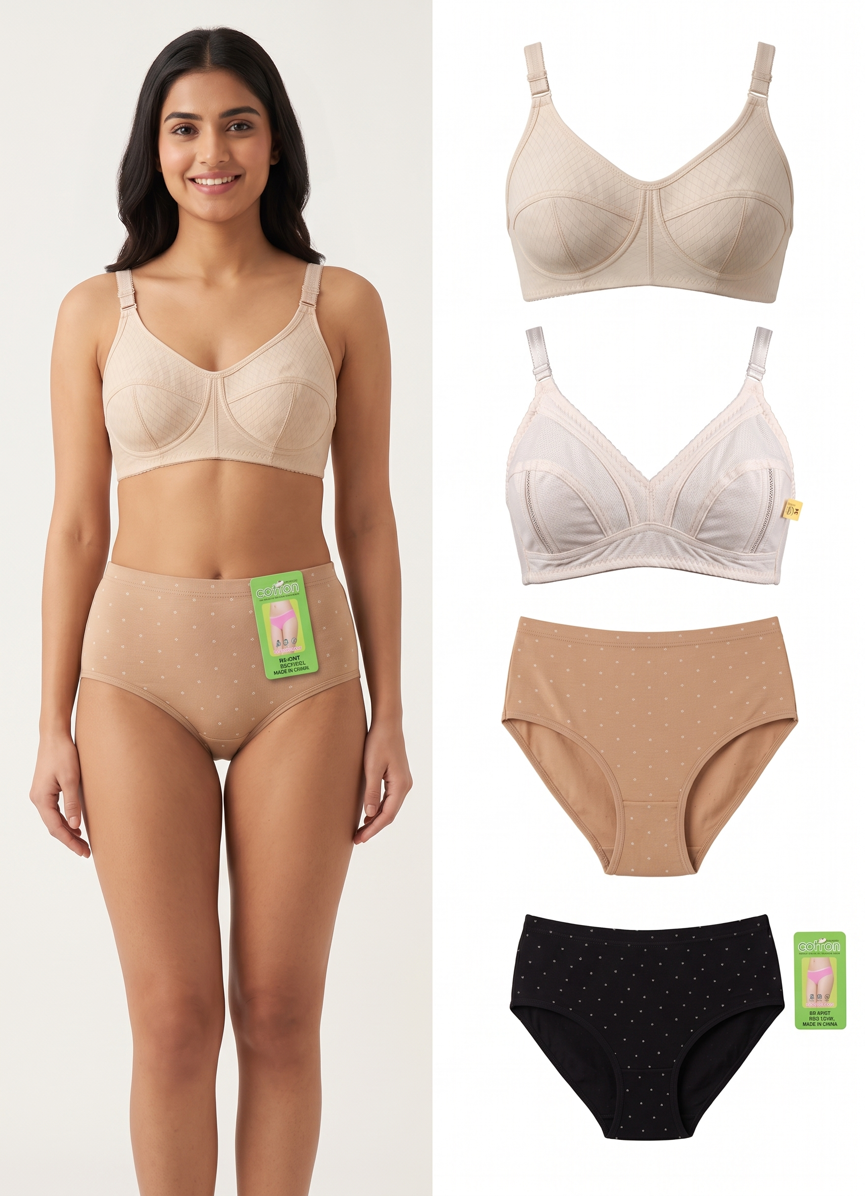 Neepas 3-Piece Lingerie Pack – 1 Gersy Fabric Bra, 1 Creamy Fabric Bra & 1 Cotton Brief (Skin or Black)